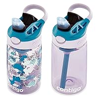 Contigo Aubrey Kids Cleanable Water Bottle with Silicone Straw and Spill-Proof Lid, Dishwasher Safe, 14oz 2-Pack, Eggplant & Dinos