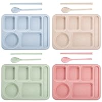 TOPZEA 4 Pack Unbreakable Divided Plates, 6 Compartments Wheat Straw Section Plates Plastic Dinner Plate Sets for Adults, School Lunch Trays, Microwave & Dishwasher Safe,14