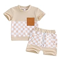Newborn Baby Girl Boy Summer Clothes Checkered Plaid Short Sleeve T-Shirt Tops Shorts Set Color Block Outfit