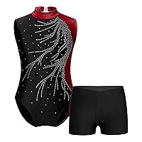 TiaoBug Girls Shiny Rhinestone Gymnastics Leotard Ballet Dance Jumpsuit Bodysuit with Shorts Set Swimwear Dancewear