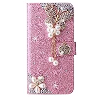 XYX Wallet Case for Samsung Galaxy S23 FE 5G 6.4 inch, Bling Glitter Crown Butterfly Diamond Luxury Flip Card Slot Girl Women Phone Case Protection Cover, Pink