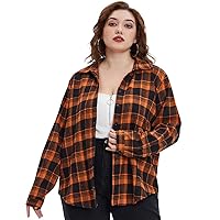 RITERA Women Plus Size Tops Casual Long Sleeve Button Up Plaid Tunic Work Blouse Color Block Loose Casual Baggy Tee Shirts Fashion Black Orange 4XL 26W