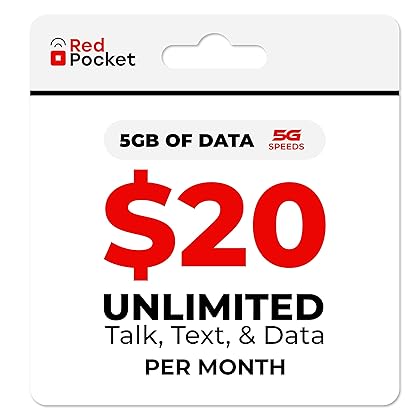 Red Pocket Mobile $20/Month Phone Plan, Free SIM Card for T-Mobile-Compatible Phone, Unlimited Data, Talk & Text, 5GB High-Speed 5G & 4G Data