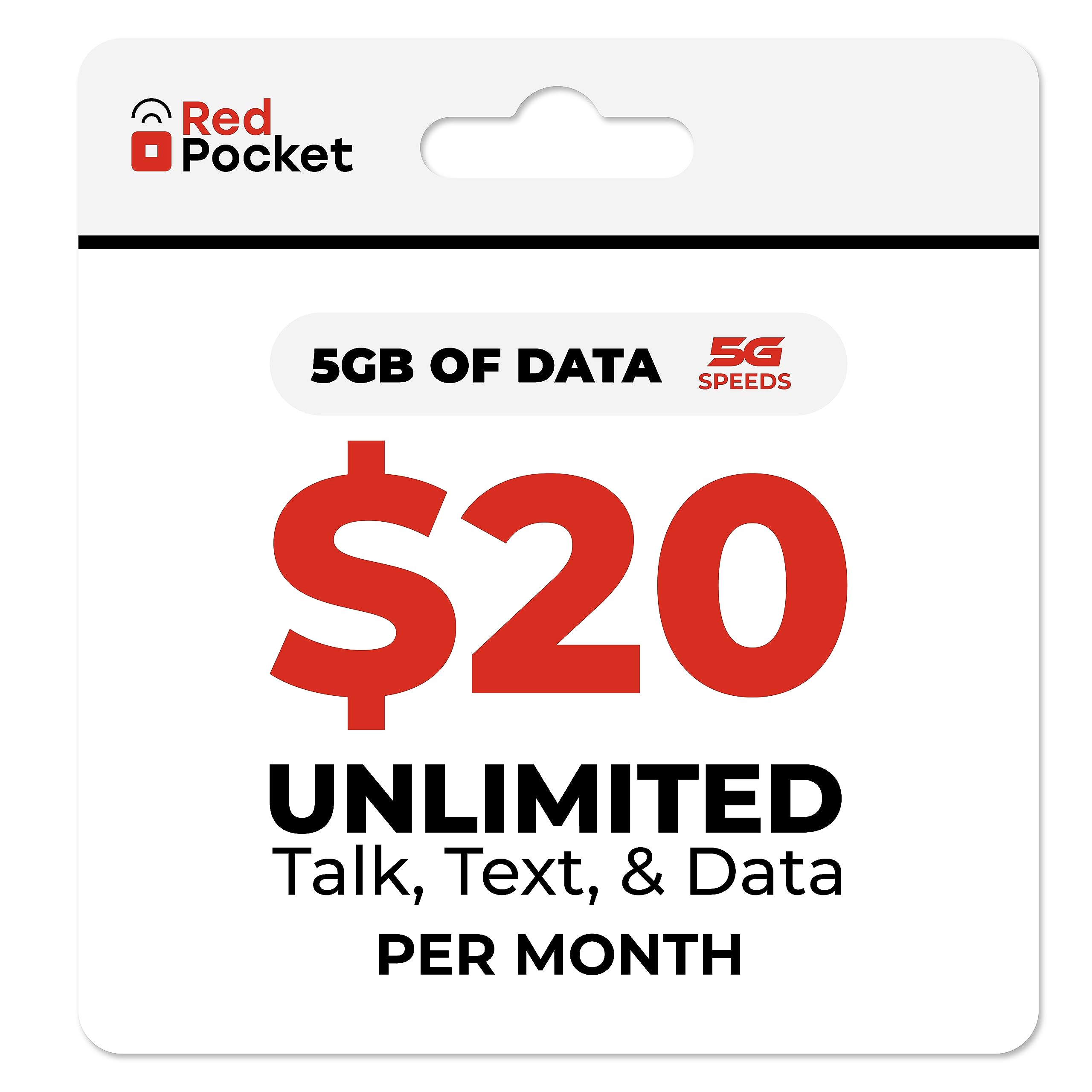 Red Pocket Mobile $20/Month Phone Plan, Free SIM Card for T-Mobile-Compatible Phone, Unlimited Data, Talk & Text, 5GB High-Speed 5G & 4G Data