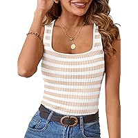 MEROKEETY Women's Sleeveless Ribbed Tank Tops Striped Knit Square Neck Shirts Summer Casual Basic Tanks