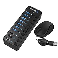 60W 10 Port USB 3.0 Hub Includes 3 Smart Charging Ports with Individual Power Switches and LEDs and 60W 12V/5A Power Adapter+Mini Travel USB Optical Mouse with Retractable Cable for Computers