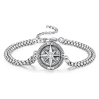 KINGWHYTE Compass Bracelet 925 Sterling Sliver Talisman Travel Vintage Inspirational Gifts for Men Women with Stainless Steel Chain-7+2 Inch Chain