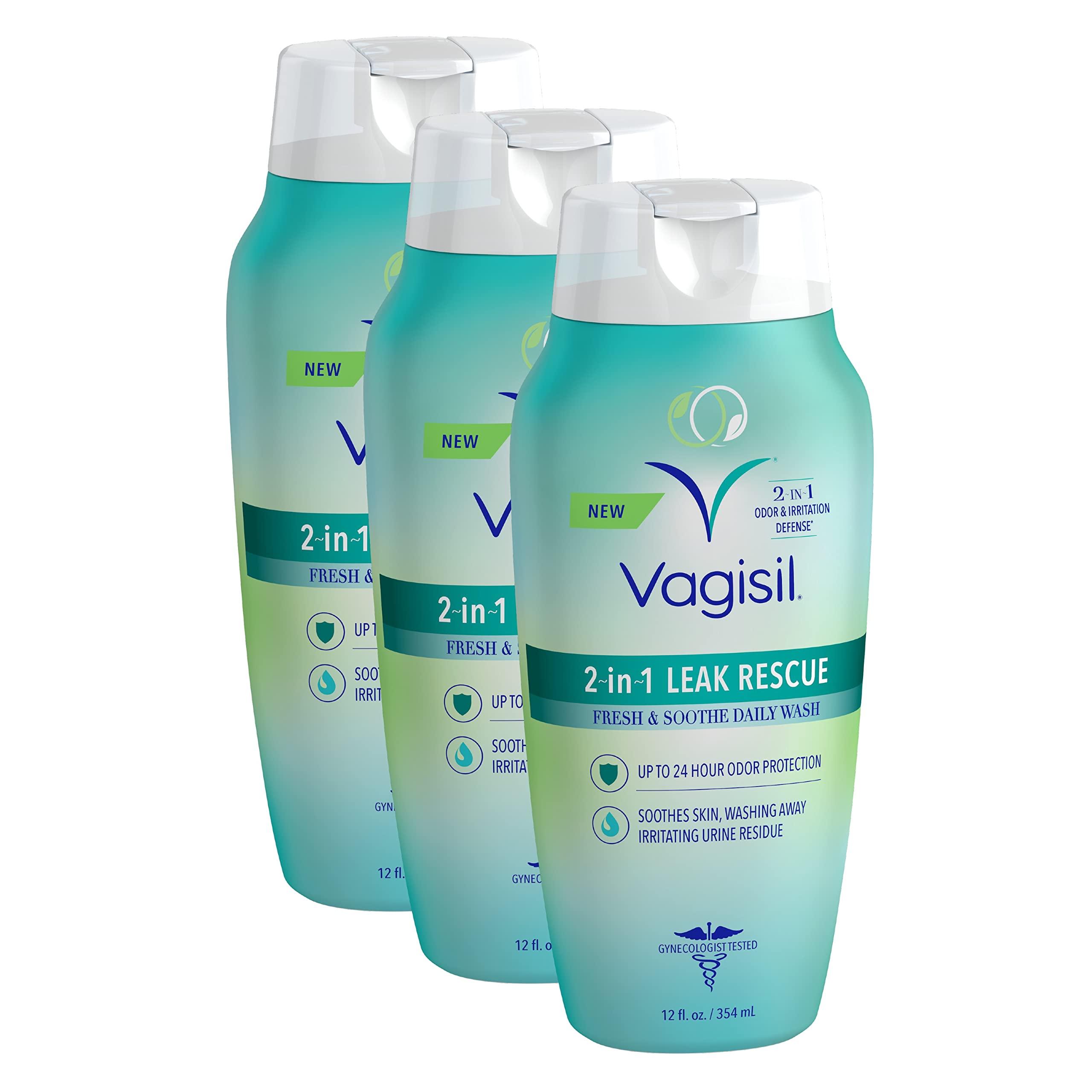 Vagisil 2-in-1 Leak Rescue Daily Intimate Feminine Wash for Women, Gynecologist Tested & Hypoallergenic, 12 oz (Pack of 3)
