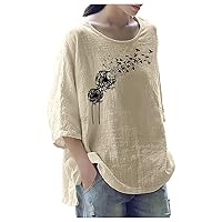 Summer Women Cotton Linen Tshirt Tops Casual 3/4 Sleeve Crewneck Flowy Tunic Tees Fashion Floral Print Solid Blouses