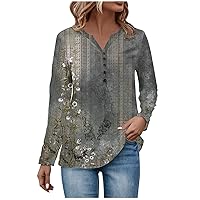 XJYIOEWT Dressy Tops for Women Tee Shirts Womens Fall Ethnic Floral Baggy Bohemian Tops Long Sleeve Henley Neck V Neck