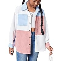 OYOANGLE Girl's Colorblock Button Down Long Sleeve Flap Pocket Corduroy Jacket Coat