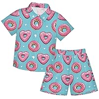 visesunny Toddler Boys 2 Piece Outfit Button Down Shirt and Short Sets Pink Heart Donut Boy Summer Outfits