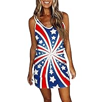 4th of July Dress Women Plus Size Fashion Summer American Flag Patriotic Sexy V-Neck Spaghetti Strap Tank Dresses