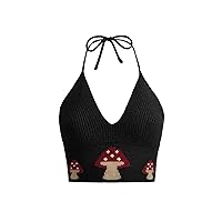 COZYEASE Women's Y2K Mushroom Print Halter Tie Backless Sleeveless V Neck Bodycon Knitted Crop Tank Tops