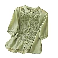 Womens Cotton Linen Embroidered Blouse Short Sleeve Crew Neck Peasant Boho Top Casual Vintage Loose Button-Down T Shirts