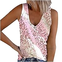 Women New Leopard Print Ribbed Knit Sleeveless T-Shirts Classic Button V-Neck Casual Fitted Tank Tops for Vacation