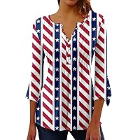 Womens Tops V Neck Patriotic Bell 3/4 Sleeve Pleated 4th of July Casual Shirts Summer Pullover American Flag Top