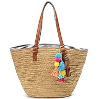 Straw Beach Bags Tote Tassels Bag Hobo Summer Handwoven Shoulder Bags Purse With Pom Poms