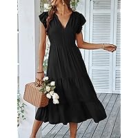 Summer Dresses for Women 2022 Flutter Sleeve Ruffle Hem Dress (Color : Black, Size : XL)