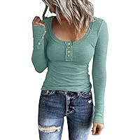 Women's Long Sleeve Shirts Casual Fall Henley Top Button Down Blouses Basic Ribbed Knit T Shirts 2024