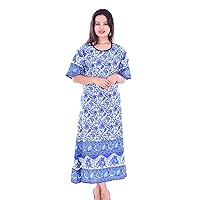 Indian 100% Cotton Women Party Long Dress Blue Gown Frock Short Sleeve Regular Size Animal Print