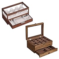 SONGMICS 2 Items Bundle - Watch Boxes, 2-Tier Watch Holder with 7 Pillars, Drawer, Velvet Lining, 2-Tier Watch Case with 8 Slots, Rustic Walnut and Coffee Brown UJOW007K01 and UJOW008K01