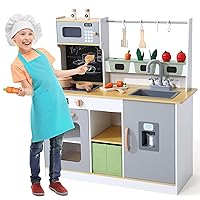 Wooden Farm & Kitchen Playset, Kids Play Kitchen with Cookware Accessories, Wooden Chef Pretend Play Set with Ice Maker, Chalkboard, Planter Area
