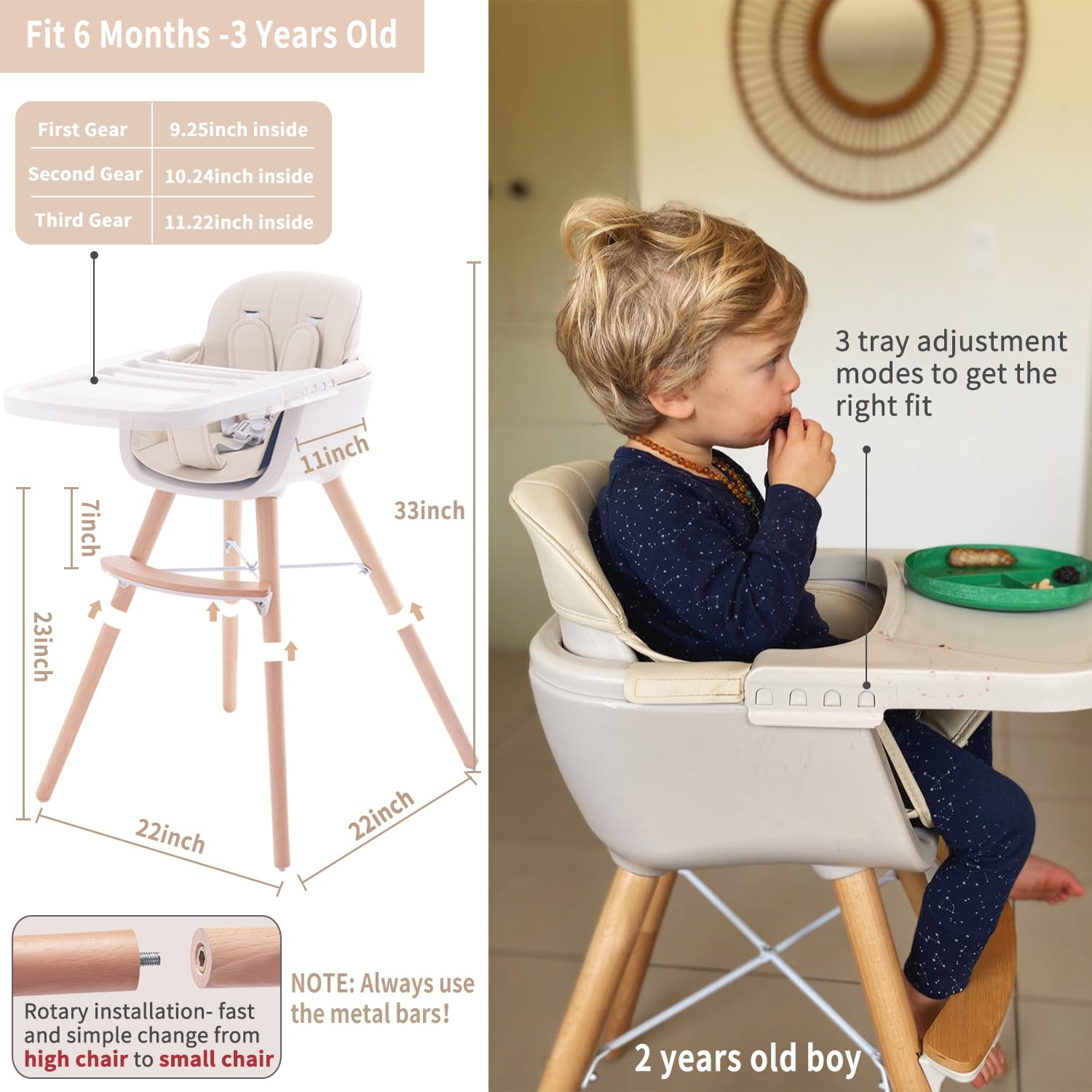 3-in-1 Convertible Wooden High Chair,Baby High Chair with Adjustable Legs & Dishwasher Safe Tray, Made of Sleek Hardwood & Premium Leatherette, Cream Color