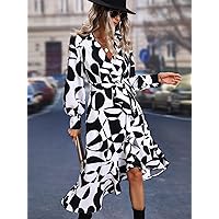 Women's Dresses Casual Wedding Geo Print Bishop Sleeve Belted Wrap Dress Wedding Guest (Color : Black and White, Size : Medium)