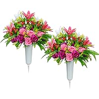 XONOR Artificial Cemetery Flowers with Vase, Set of 2 Artificial Rose Lily Bouquet Graveyard Memorial Flowers for Cemetery Headstones Decoration