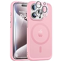 BossKiss Ultra Strong Magnetic for iPhone 15 Pro Case, [Compatible with Magsafe] [Glass Screen + Camera Protector] Slim Translucent Matte Shockproof Case for iPhone 15 Pro Case 6.1 inch, Pink