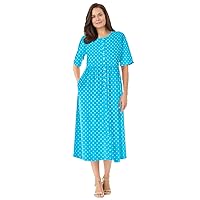 Woman Within Women's Plus Size Button-Front Essential Dress - 4X, Paradise Blue Polka Dot