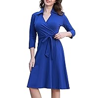 Aphratti Women's 3/4 Sleeve Spring Dress Wide Collar V Neck Faux Wrap Jersey Aline Casual Work Dresses