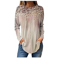 Women Solid Round Neck Tee Shirts Long Sleeve Comfy Tops 2023 Fall Casual Workout Sweatshirts