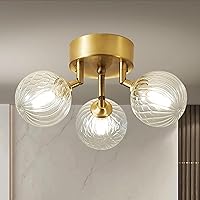 Semi Flush Mount Ceiling Bubble Light Fixture 3-Light Close to Ceiling Light Fixtures, Electroplating Brass with Clear Ribbed Glass Shade Bubble Chandelier Lighting for Hallway Entryway Bathroom