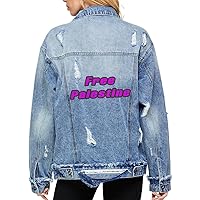 Free Palestine Women's Oversized Denim Jacket - Trendy Ladies Denim Jacket - Printed Denim Jacket