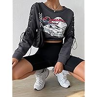 Sweatshirt for Women Car and Letter Graphic Grommet Lace Up Side Crop Pullover Sweatshirt for Women (Color : Gray, Size : Small)