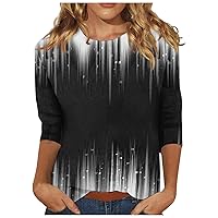 3/4 Sleeve Tops for Women Summer Ladies 3/4 Sleeve Tops and Blouses 2023 Casual Summer Blouses Crewneck Printed Cute Tops Loose Fit Pullover Large 01-Black
