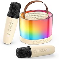 JYX Mini Karaoke Machine for Kids Adults, Portable Bluetooth Speaker with 2 Microphones, Support TF/AUX Input/Funny Magic Voice, Gifts for Birthday Party Boys & Girls Age 4 5 6 7 8+ Years Old (Beige)