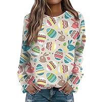 Easter Shirts For Women Fashion 2024 Cute Easter Eggs Bunny Print Tops Loose Fitted Long Sleeve Crewneck Pullover Sweatshirts