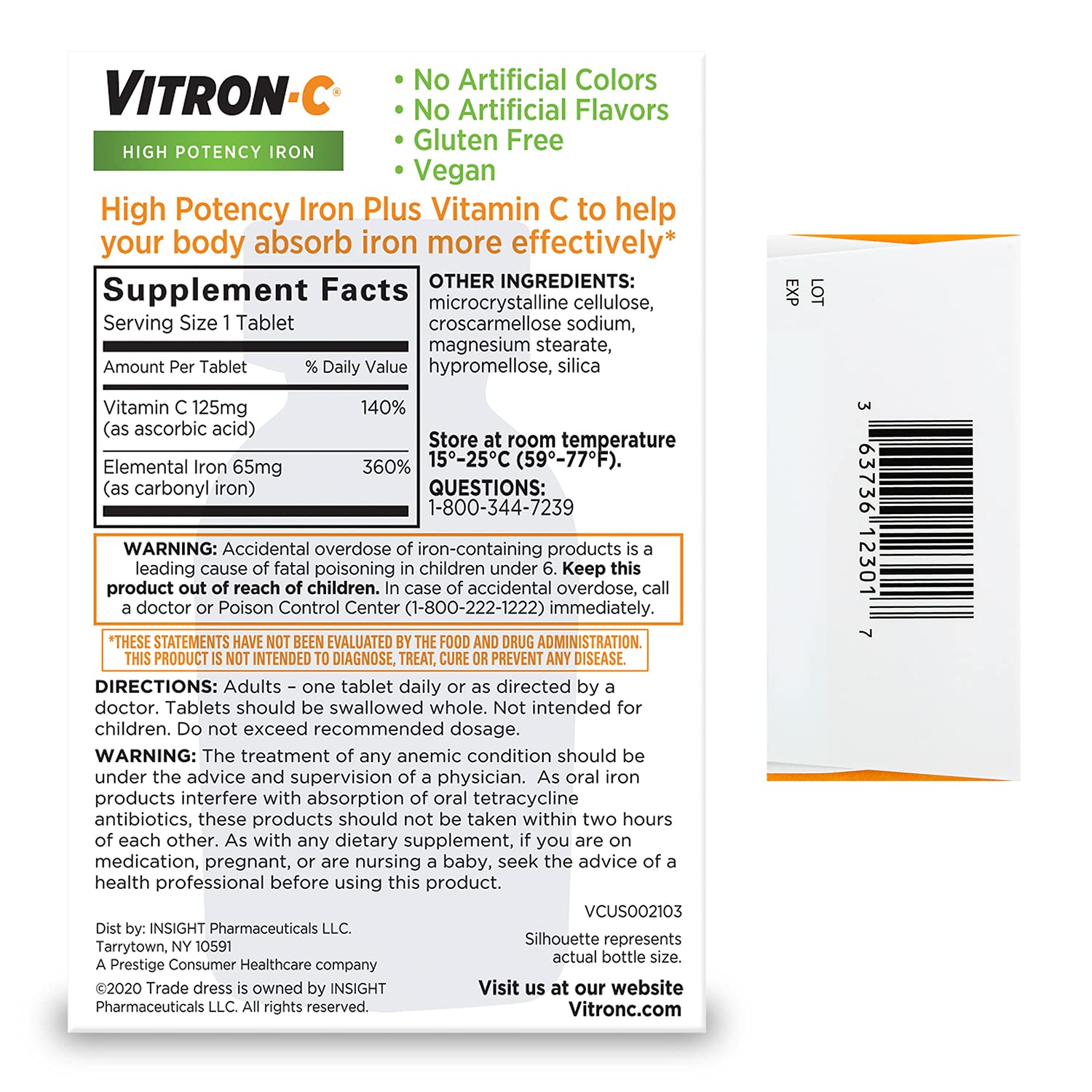 Vitron-C Iron Supplement, Once Daily, High Potency Iron Plus Vitamin C, Supports Red Blood Cell Production, Dye Free Tablets, 60 Count