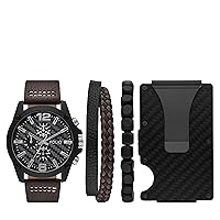Men's Black and Brown Vegan Leather Strap Watch, Bracelet and Accessories Gift Set (Model: FMDFL6049)