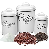 Canister Sets for Kitchen Counter, Kitchen Canisters Set of 3, Airtight Countertop Flour and Sugar Containers, Coffee and Tea Storage, Rustic Farmhouse Kitchen Decor, White