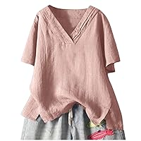 Women's Plain Tunic Tops for Summer Fall Spring, Simple Elegant Dressy Blouse Plus Size Cotton Linen Loose Fit Tee Shirt