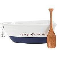 Pavilion - Life Is Great At The Lake - 12 Oz Stoneware Boat Dish Server With Wooden Oar Scoop,Blue