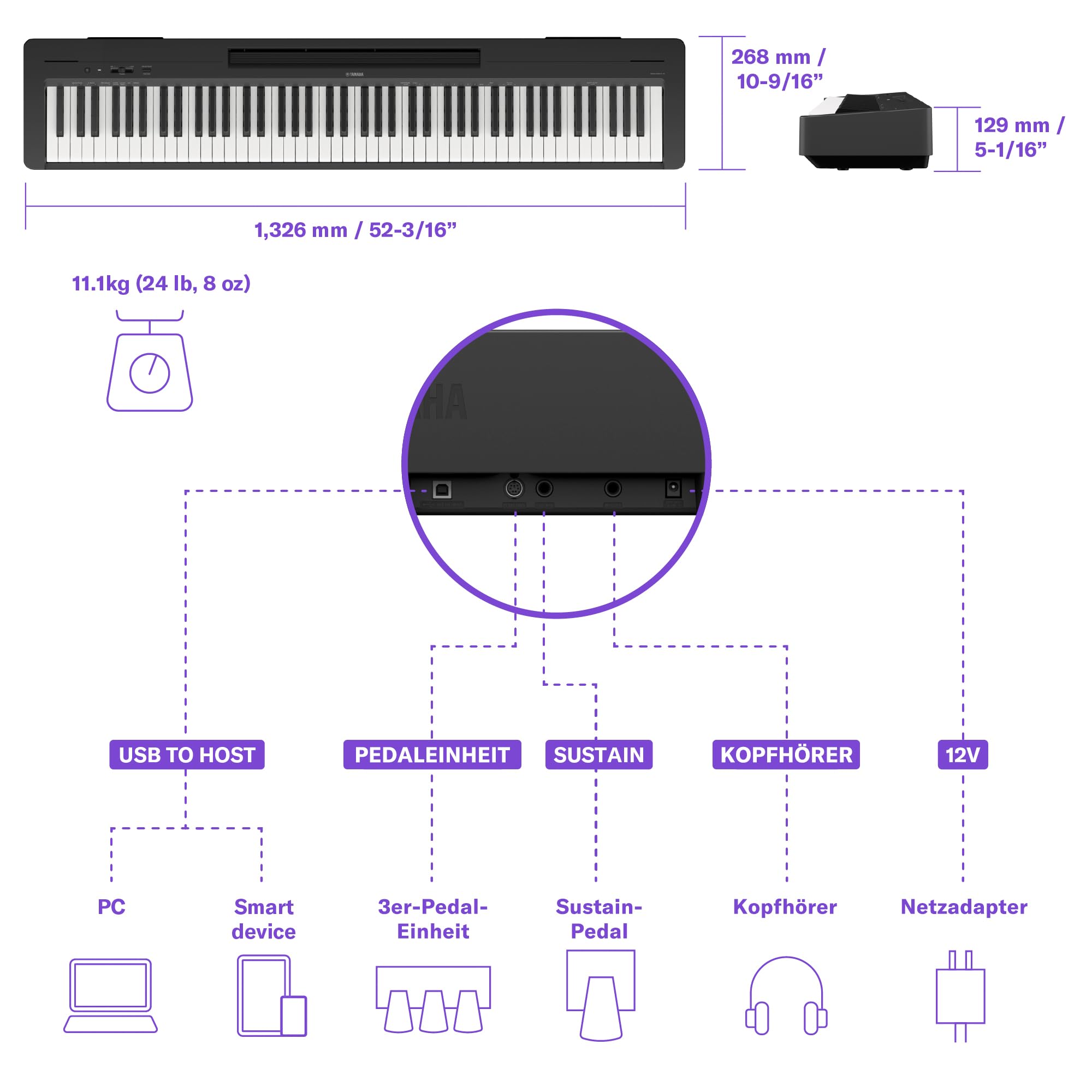 Yamaha P-145 Digital Piano, Schwarz – Leichtes und tragbares Digital Piano mit der Graded-Hammer-Compact Tastatur mit 88 gewichteten Tasten und 10 Instrumentenklängen