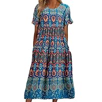 Boho Maxi Dresses for Women 2024 Bohemian Printed Summer Casual Short Sleeve Wedding Guest Dresses with Pockets