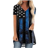 Womens 4Th of July Clothes Plus Size Henley Tunic Loose V Neck T Shirts Cute Short Sleeve Tops American Flag Tees