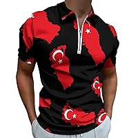 Turkey Flag Mens Polo Shirts Quick Dry Short Sleeve Zippered Workout T Shirt Tee Top