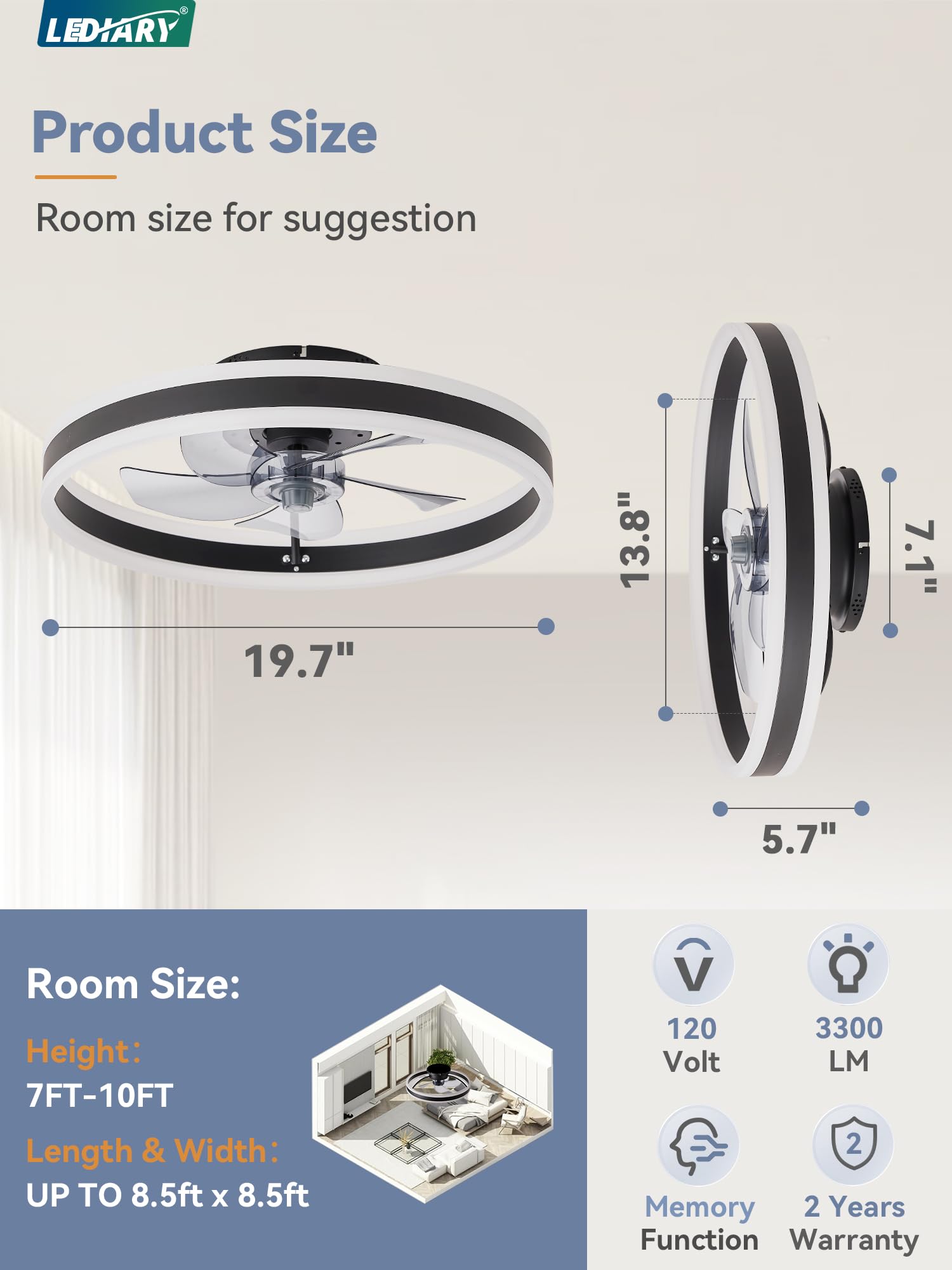 LEDIARY Low Profile Ceiling Fans with Lights, Flush Mount Modern Ceiling Fan and Remote Control, 19.7